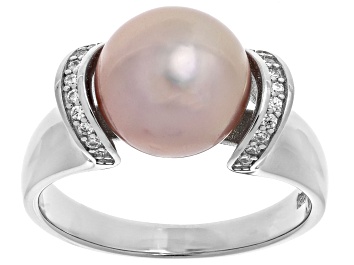 Picture of Pink Cultured Freshwater Pearl And Cubic Zirconia 0.18ctw Rhodium Over Sterling Silver Ring 11mm
