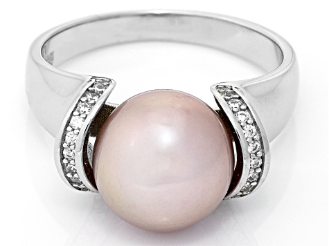 Pink Cultured Freshwater Pearl And Cubic Zirconia 0.18ctw Rhodium Over Sterling Silver Ring 11mm