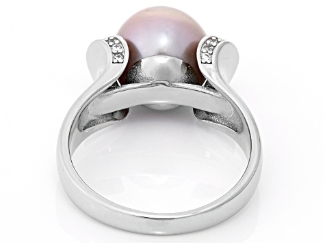 Pink Cultured Freshwater Pearl And Cubic Zirconia 0.18ctw Rhodium Over Sterling Silver Ring 11mm