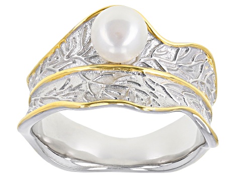 White Cultured Freshwater Pearl 6mm Rhodium & 18k Yellow Gold Over Sterling Silver Ring