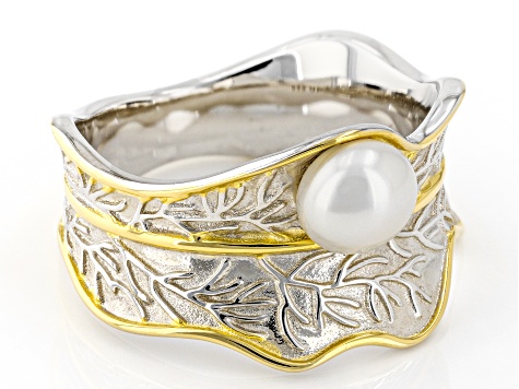 White Cultured Freshwater Pearl 6mm Rhodium & 18K Yellow Gold Over Sterling Silver Ring