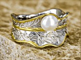 White Cultured Freshwater Pearl 6mm Rhodium & 18k Yellow Gold Over Sterling Silver Ring