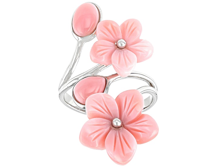 Pink Conch Shell Rhodium Over Sterling Silver Floral Ring
