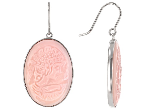 Pink Conch Shell Rhodium Over Sterling Silver Cameo Earrings