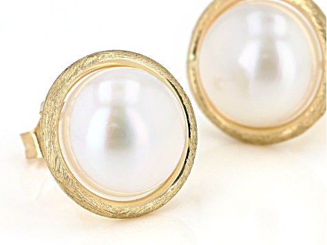 White Cultured Freshwater Button Pearl 14k Yellow Gold Stud Earrings 8-8.5mm
