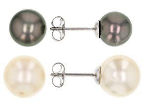Golden Cultured South Sea And Tahitian Pearl Rhodium Over Sterling Silver Earrings Set of 2 9-11mm