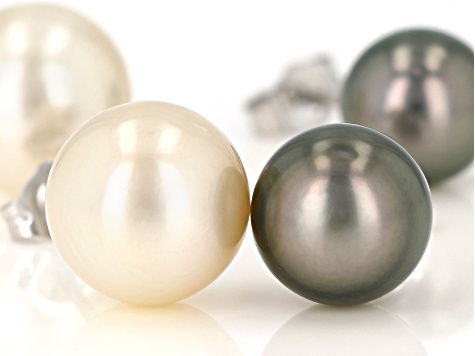 Golden Cultured South Sea And Tahitian Pearl Rhodium Over Sterling Silver Earrings Set of 2 9-11mm