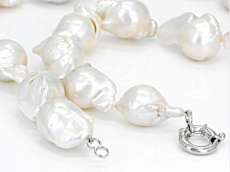 White Baroque Cultured Freshwater Pearl Mm Rhodium Over Sterling Silver Inch Necklace