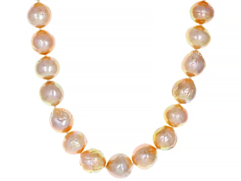 Natural Peach Color Cultured Kasumiga Pearl Rhodium Over Sterling Silver 18 Inch Strand Necklace