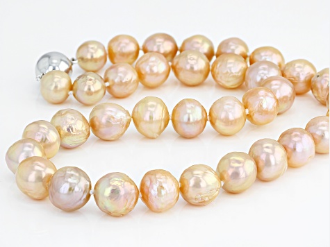 Natural Peach Color Cultured Kasumiga Pearl Rhodium Over Sterling Silver 18 Inch Strand Necklace