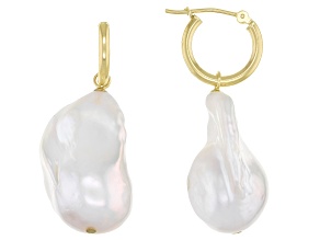 White Cultured Freshwater Baroque Pearl 15-16mm 14k Yellow Gold Hoop Earrings