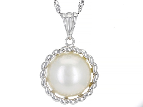 White Cultured South Sea Mabe Pearl 14mm Rhodium Over Sterling Silver Pendant With Chain