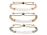 White Cultured Freshwater Pearl & Crystal 18k Rose Gold Over Stainless Steel Bolo Bracelet Set of 3