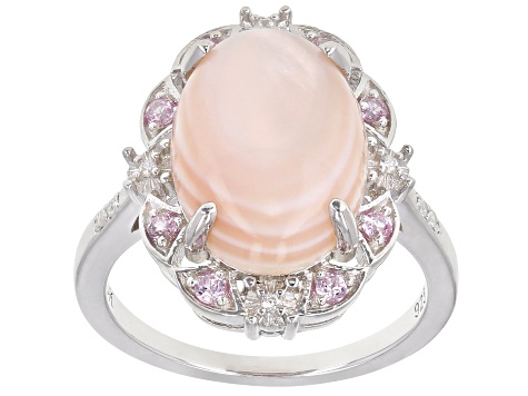 Pink Mother-of-Pearl With Pink Sapphire 0.14ctw & White Zircon 0.07ctw Rhodium Over Silver Ring