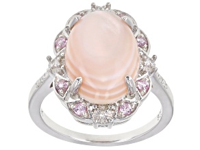 Pink Mother-of-Pearl With Pink Sapphire 0.14ctw & White Zircon 0.07ctw Rhodium Over Silver Ring