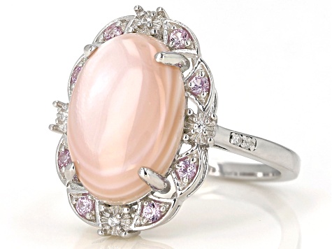 Pink Mother-of-Pearl With Pink Sapphire 0.14ctw & White Zircon 0.07ctw Rhodium Over Silver Ring