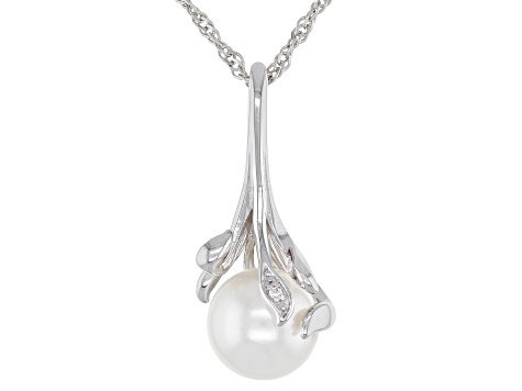 White Cultured Freshwater Pearl & White Zircon Rhodium Over Sterling Silver Pendant With Chain