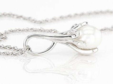 White Cultured Freshwater Pearl & White Zircon Rhodium Over Sterling Silver Pendant With Chain