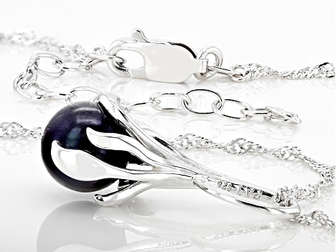 Black Cultured Freshwater Pearl & White Zircon Rhodium Over Sterling Silver Pendant With Chain