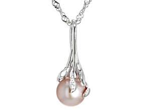 Pink Cultured Freshwater Pearl & White Zircon Rhodium Over Sterling Silver Pendant With Chain