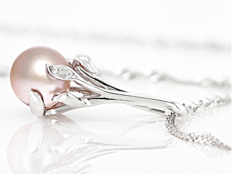 Pink Cultured Freshwater Pearl & White Zircon Rhodium Over Sterling Silver Pendant With Chain