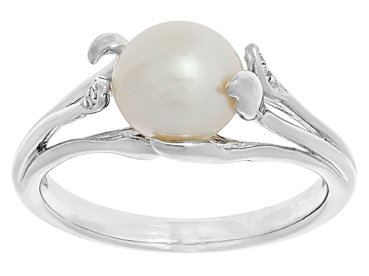 White Cultured Freshwater Pearl & White Zircon Rhodium Over