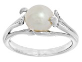 White Cultured Freshwater Pearl & White Zircon Rhodium Over Sterling Silver Ring