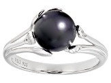 Black Cultured Freshwater Pearl & White Zircon Rhodium Over Sterling Silver Ring