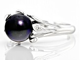 Black Cultured Freshwater Pearl & White Zircon Rhodium Over Sterling Silver Ring