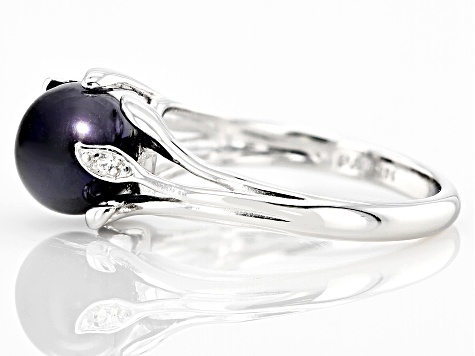 Black Cultured Freshwater Pearl & White Zircon Rhodium Over Sterling Silver Ring