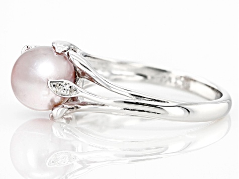 Pink Cultured Freshwater Pearl & White Zircon Rhodium Over Sterling Silver Ring