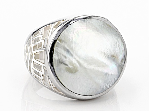 White South Sea Mother-of-Pearl Rhodium Over Sterling Silver Ring