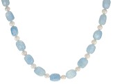 White Cultured Freshwater Pearl & Aquamarine Rhodium Over Sterling Silver 20 Inch Necklace