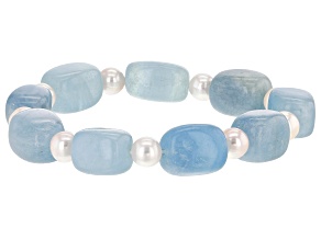 White Cultured Freshwater Pearl & Aquamarine Stretch Bracelet