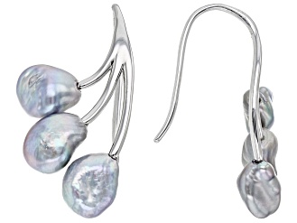 Platinum Cultured Keshi Freshwater Pearl Rhodium Over Sterling Silver Earrings