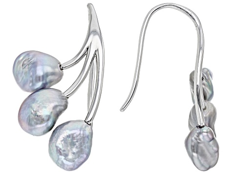 Platinum Cultured Keshi Freshwater Pearl Rhodium Over Sterling Silver Earrings