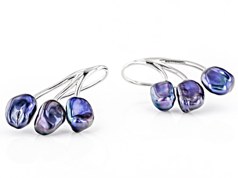 Black Cultured Keshi Freshwater Pearl 7mm Rhodium Over Sterling Silver Earrings