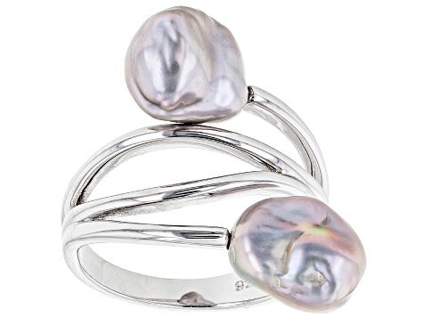 Platinum Cultured Keshi Freshwater Pearl Rhodium Over Sterling Silver Ring