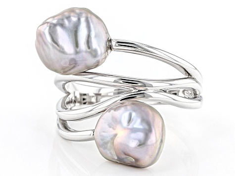 Platinum Cultured Keshi Freshwater Pearl Rhodium Over Sterling Silver Ring