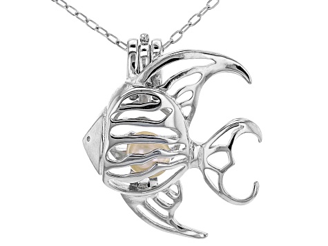 Wish® Pearl Cultured Freshwater Pearl 5-6mm Rhodium Over Silver Fish Cage Pendant With Chain