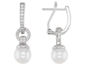 White Cultured Japanese Akoya Pearl & White Zircon Rhodium Over Sterling Silver Earrings