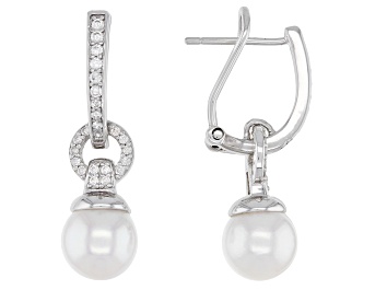 Picture of White Cultured Japanese Akoya Pearl & White Zircon Rhodium Over Sterling Silver Earrings
