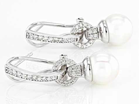 White Cultured Japanese Akoya Pearl & 0.42ctw White Zircon Rhodium Over Sterling Silver Earrings