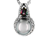 Cultured Tahitian Pearl, Mystic Topaz 0.44ctw, & White Zircon 0.72ctw Rhodium Over Silver Pendant