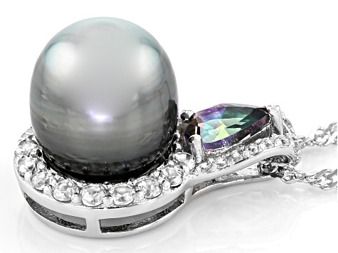 Cultured Tahitian Pearl, Mystic Topaz 0.44ctw, & White Zircon 0.72ctw Rhodium Over Silver Pendant
