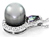 Cultured Tahitian Pearl, Mystic Topaz 0.44ctw, & White Zircon 0.72ctw Rhodium Over Silver Pendant