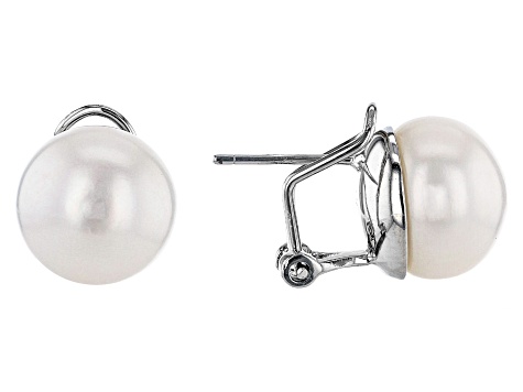 White Cultured Freshwater Pearl 11-12mm Rhodium Over Silver Omega Earrings