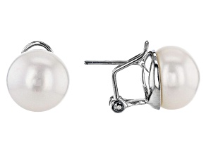 White Cultured Freshwater Pearl 11-12mm Rhodium Over Silver Omega Earrings