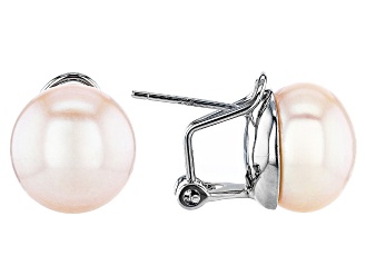 Pink Cultured Freshwater Pearl 11-12mm Rhodium Over Silver Omega Earring