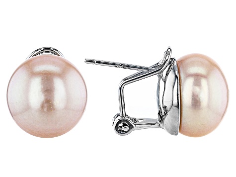 Pink Cultured Freshwater Pearl 11-12mm Rhodium Over Silver Omega Earring